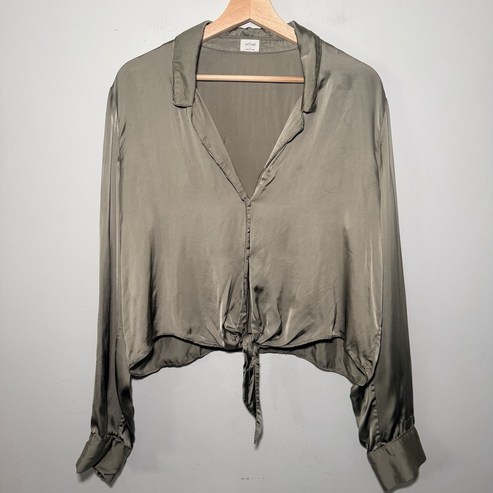 Aritzia Wilfred Satin tie front‎ blouse Long Sleeve Large Minimalist Old Money